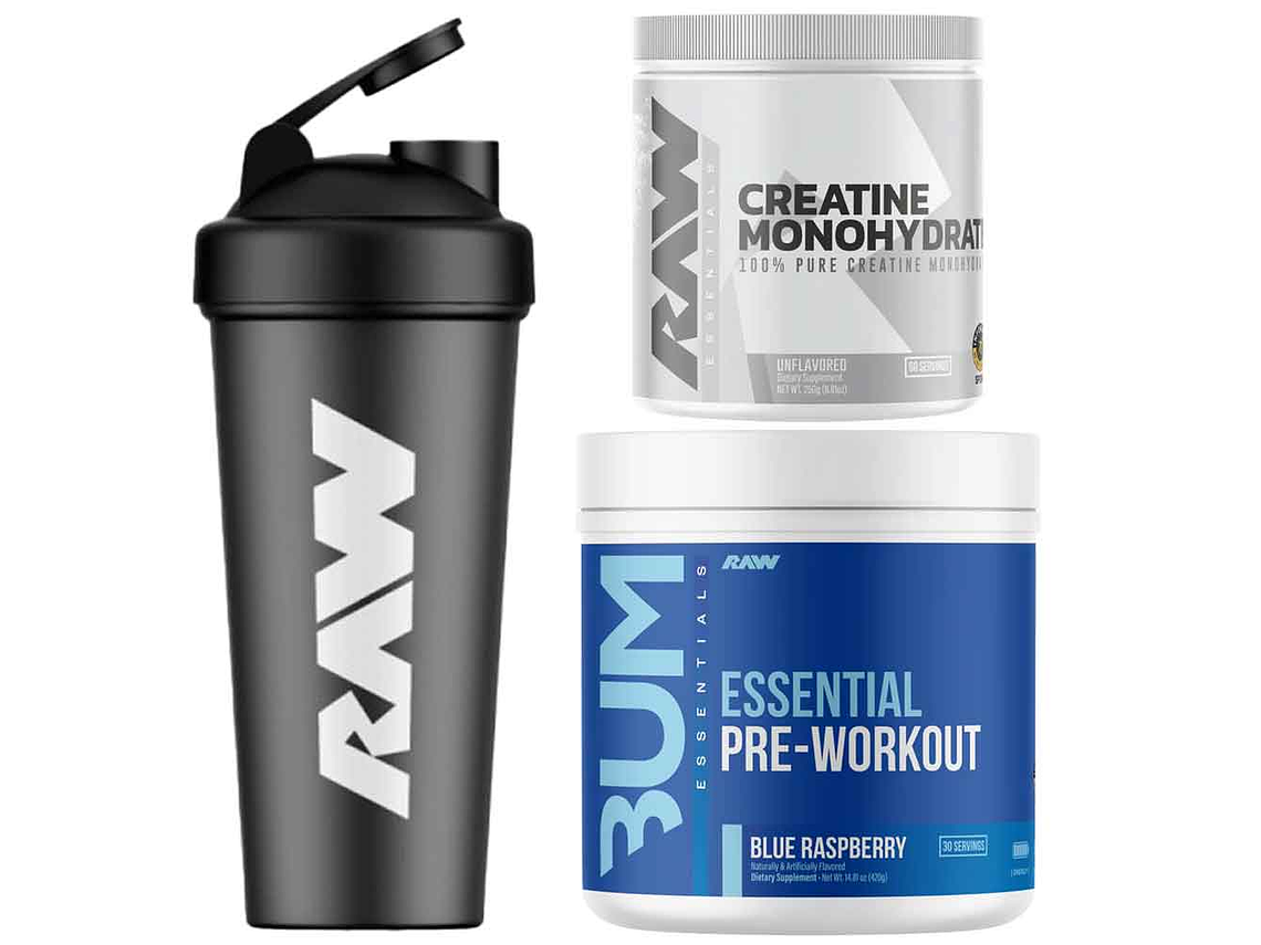pack raw - pre essential 30serv + creatina raw 250grs + shaker 1