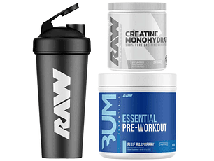pack raw - pre essential 30serv + creatina raw 250grs + shaker