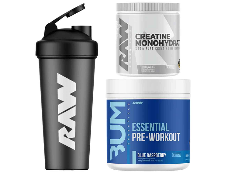 pack raw - pre essential 30serv + creatina raw 250grs + shaker 1