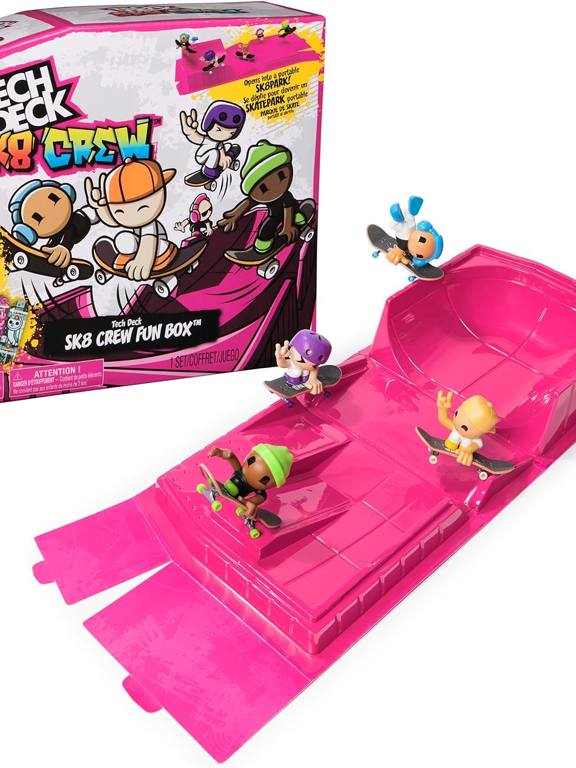 TECH DECK Sk8 Crew - Caja de diversión, parque Sk8 transformable portátil con 4 Fingerboard y 5 figuras, mini patinetas coleccionables 1