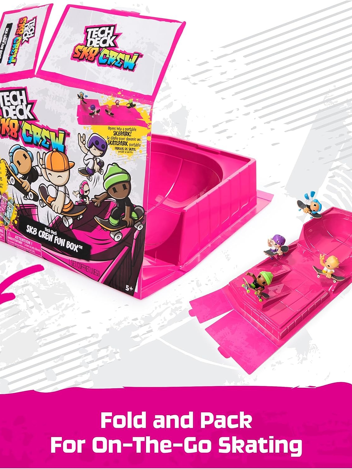 TECH DECK Sk8 Crew - Caja de diversión, parque Sk8 transformable portátil con 4 Fingerboard y 5 figuras, mini patinetas coleccionables 4