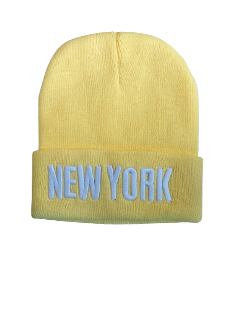 Gorro Beanie Amarillo Pastel 'NEW YORK' - Bordado Blanco Unisex 1