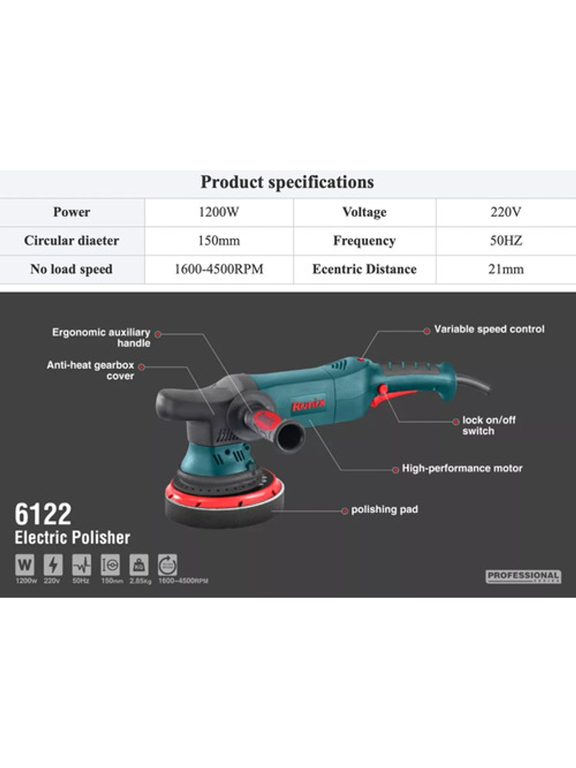 Pulidora Automotríz 6122 Ronix Prof. 1200w Excéntrica  2