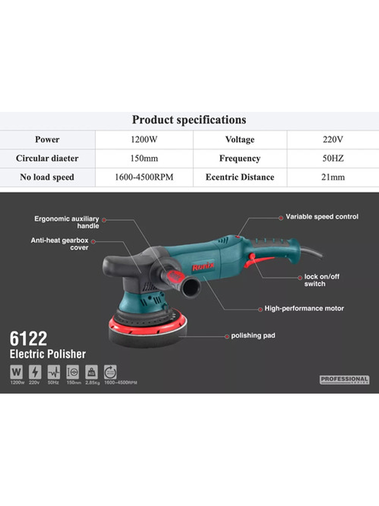 Pulidora Automotríz 6122 Ronix Prof. 1200w Excéntrica  2