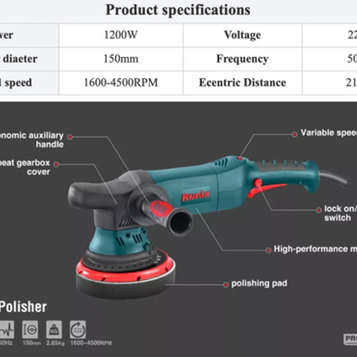 Pulidora Automotríz 6122 Ronix Prof. 1200w Excéntrica  2