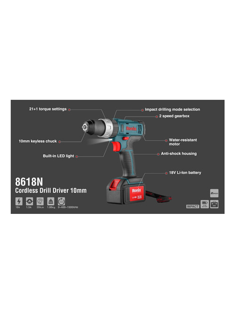Taladro Atornillador Inalámbrico Prof Ronix 8618  2 Baterías 2