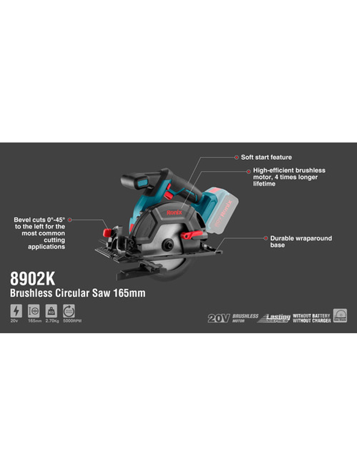 Serrucho Circular Inalambrico Ronix 8902 20v 165mm(61/2 ) 6