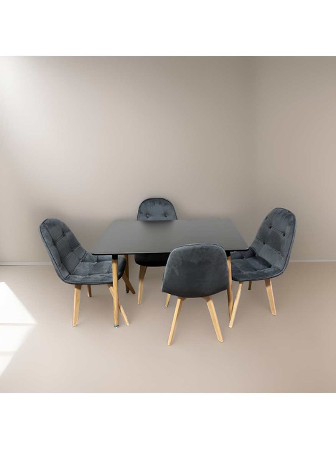 Comedor 4 Sillas Capitone Felpa Gris + Mesa Nordic Negra 100x60 1