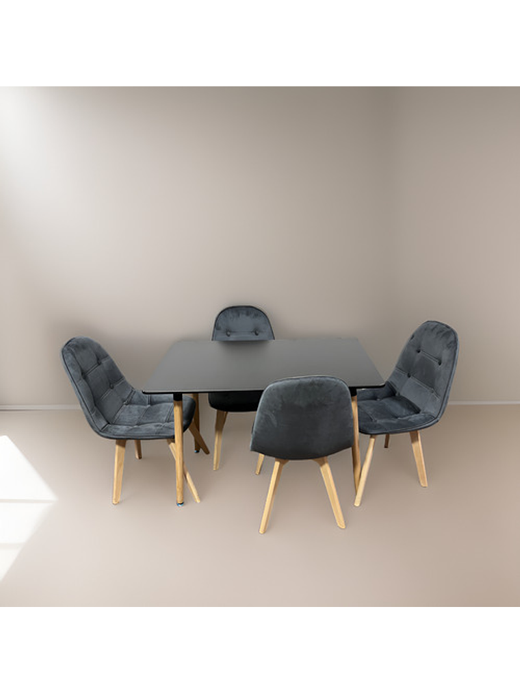 Comedor 4 Sillas Capitone Felpa Gris + Mesa Nordic Negra 100x60 1