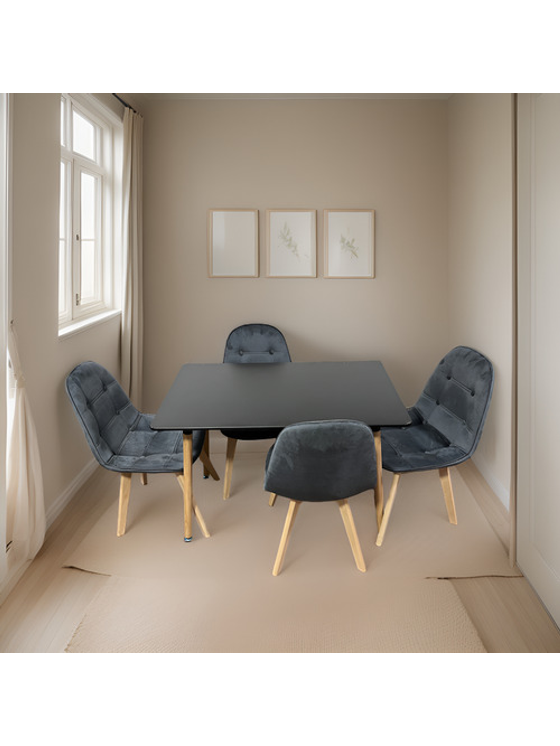 Comedor 4 Sillas Capitone Felpa Gris + Mesa Nordic Negra 100x60 2