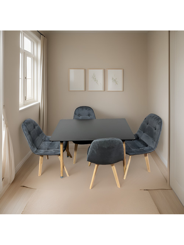 Comedor 4 Sillas Capitone Felpa Gris + Mesa Nordic Negra 100x60 2
