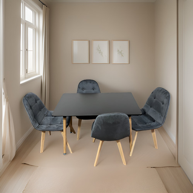 Comedor 4 Sillas Capitone Felpa Gris + Mesa Nordic Negra 100x60 2