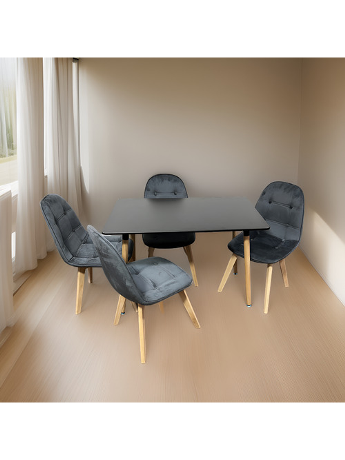 Comedor 4 Sillas Capitone Felpa Gris + Mesa Nordic Negra 100x60 3