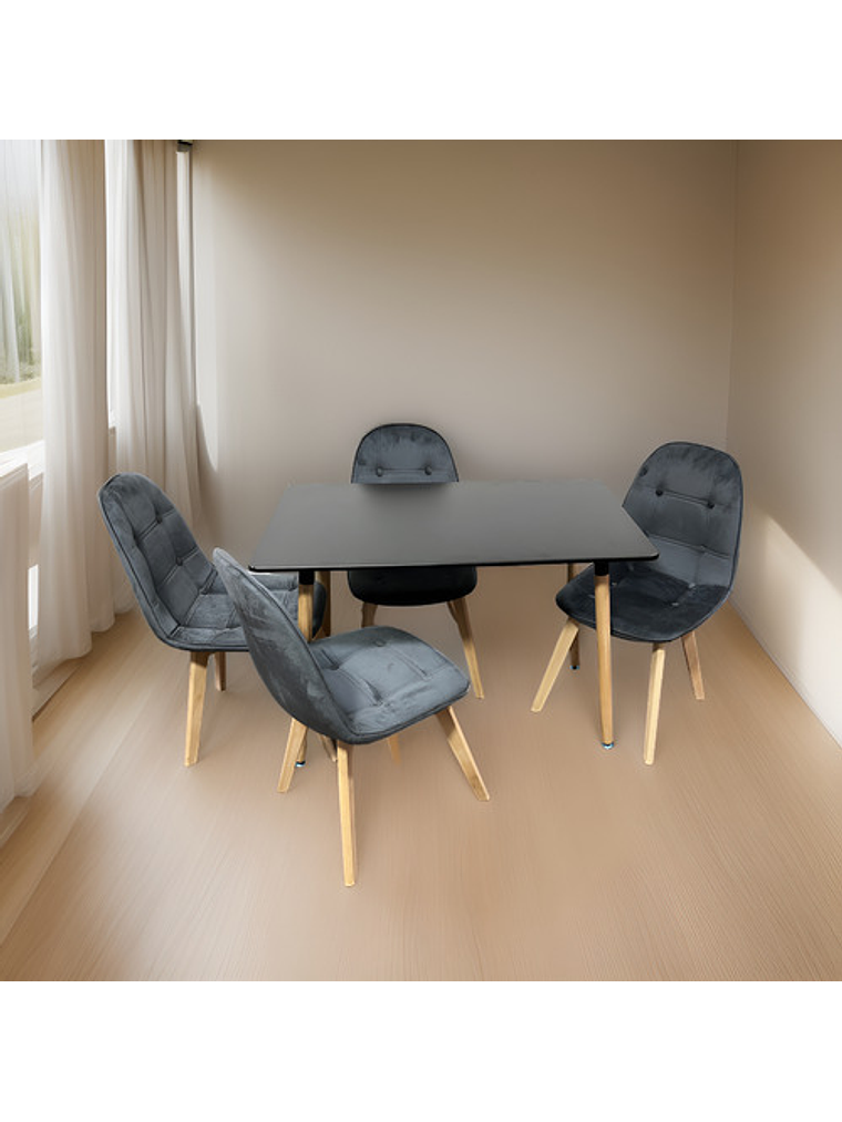 Comedor 4 Sillas Capitone Felpa Gris + Mesa Nordic Negra 100x60 3