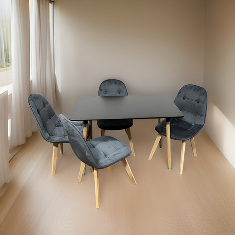 Comedor 4 Sillas Capitone Felpa Gris + Mesa Nordic Negra 100x60 3