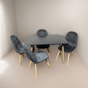 Comedor 4 Sillas Capitone Verde + Mesa Nordic Negra  100x60