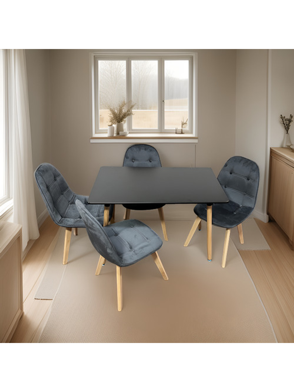 Comedor 4 Sillas Capitone Verde + Mesa Nordic Negra  100x60 2