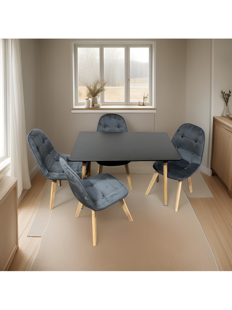 Comedor 4 Sillas Capitone Verde + Mesa Nordic Negra  100x60 2