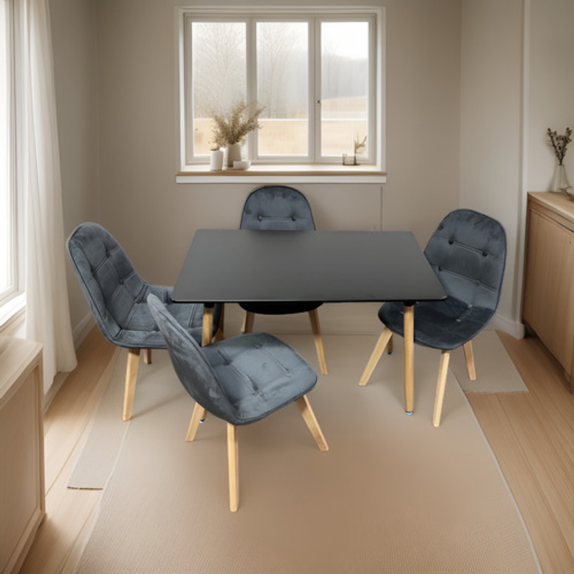 Comedor 4 Sillas Capitone Verde + Mesa Nordic Negra  100x60 2
