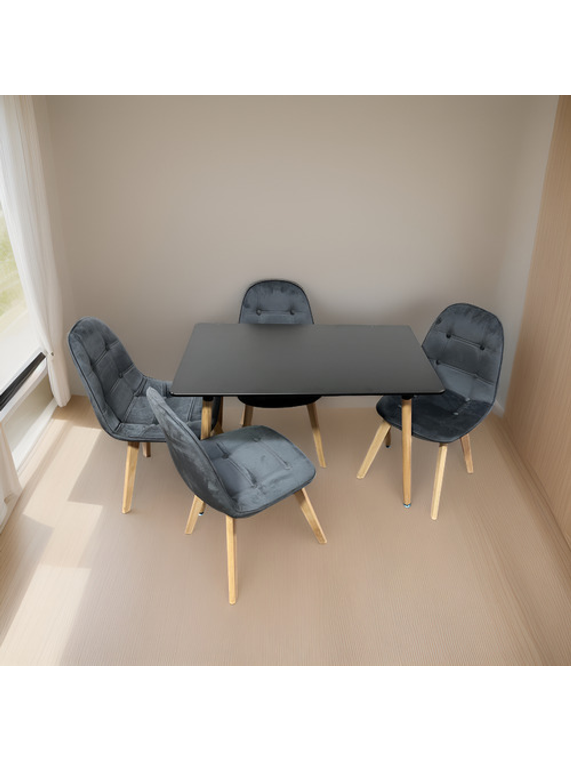 Comedor 4 Sillas Capitone Verde + Mesa Nordic Negra  100x60 3