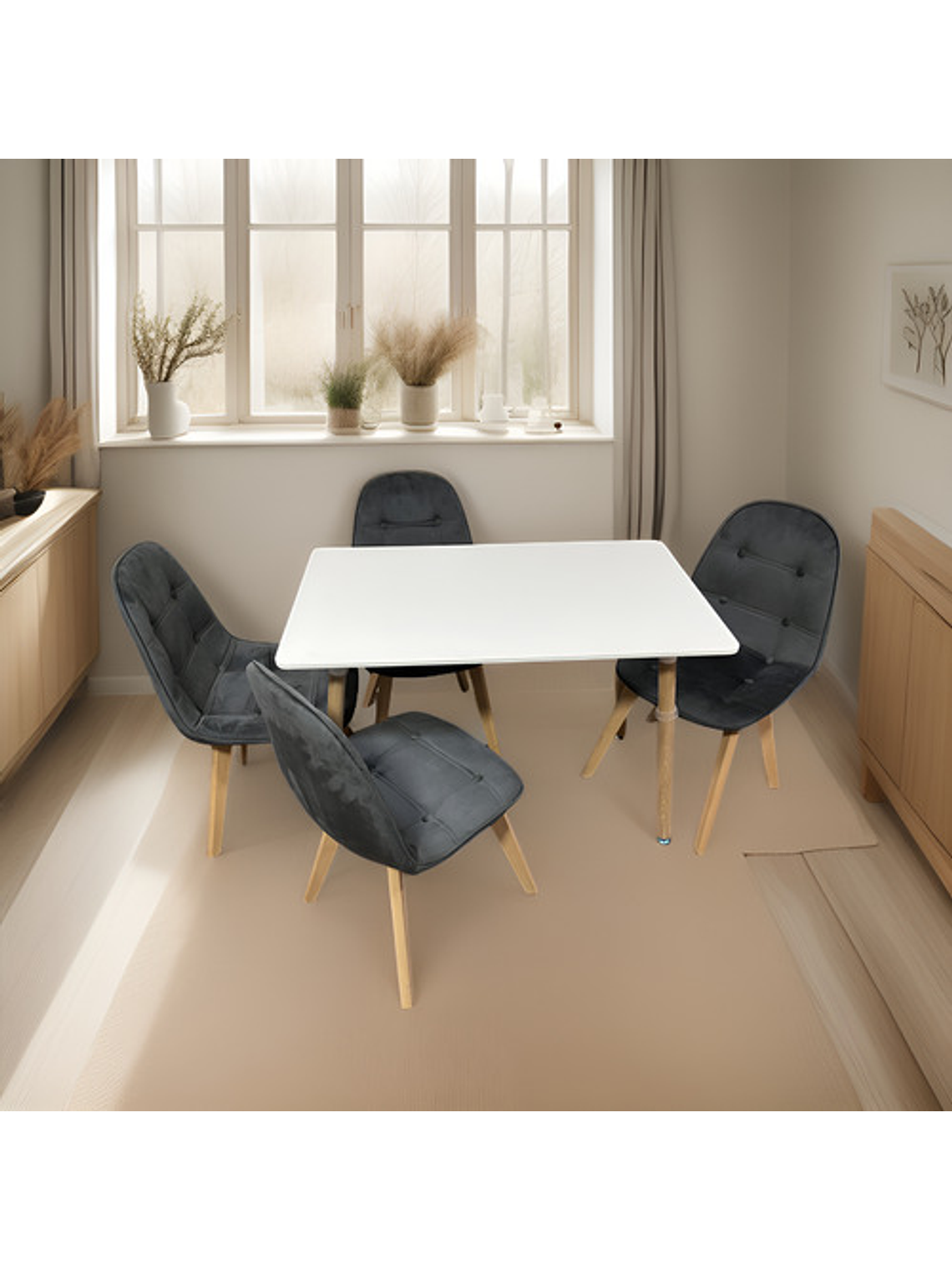 Comedor 4 Sillas Capitone Felpa Gris Mesa Nordic 100x60 Blan 1