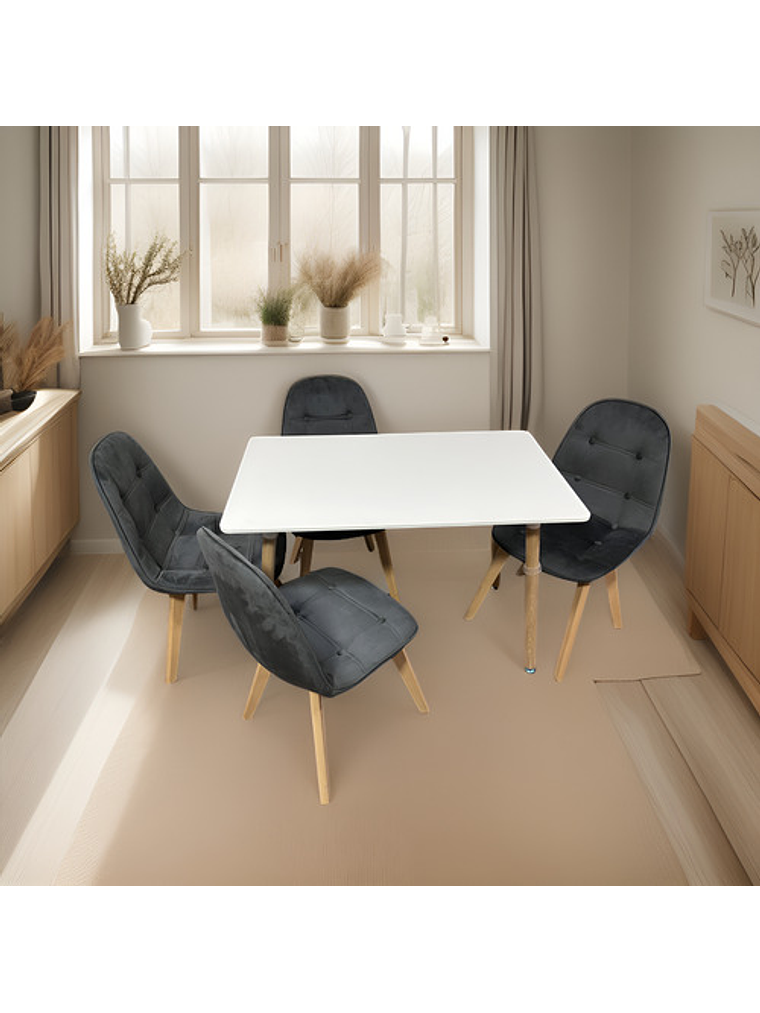 Comedor 4 Sillas Capitone Felpa Gris Mesa Nordic 100x60 Blan 1