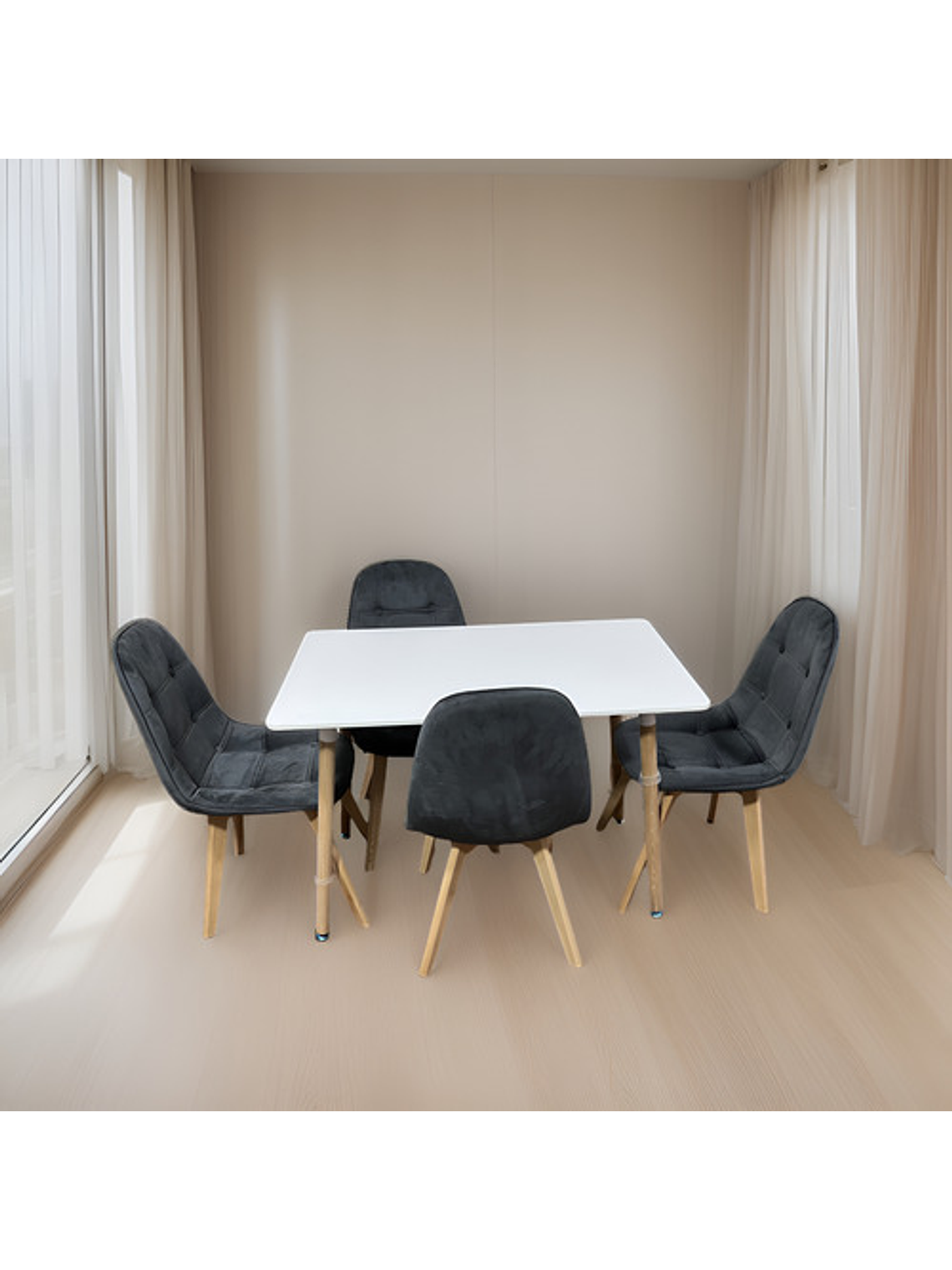 Comedor 4 Sillas Capitone Felpa Gris Mesa Nordic 100x60 Blan 2