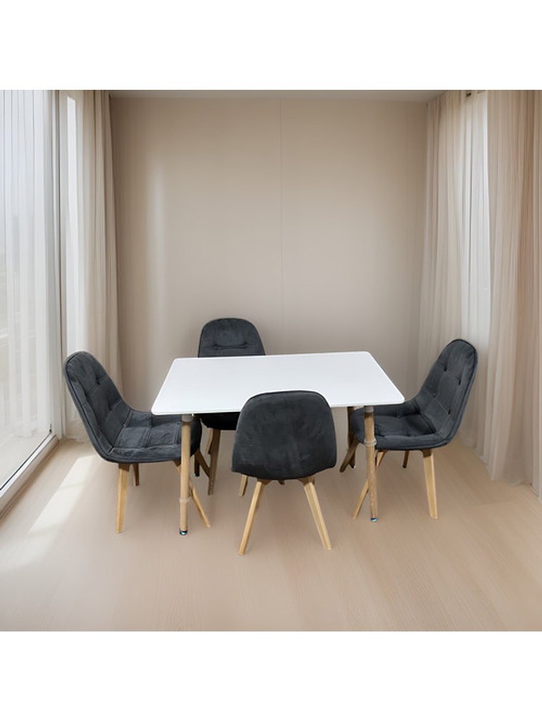 Comedor 4 Sillas Capitone Felpa Gris Mesa Nordic 100x60 Blan 2