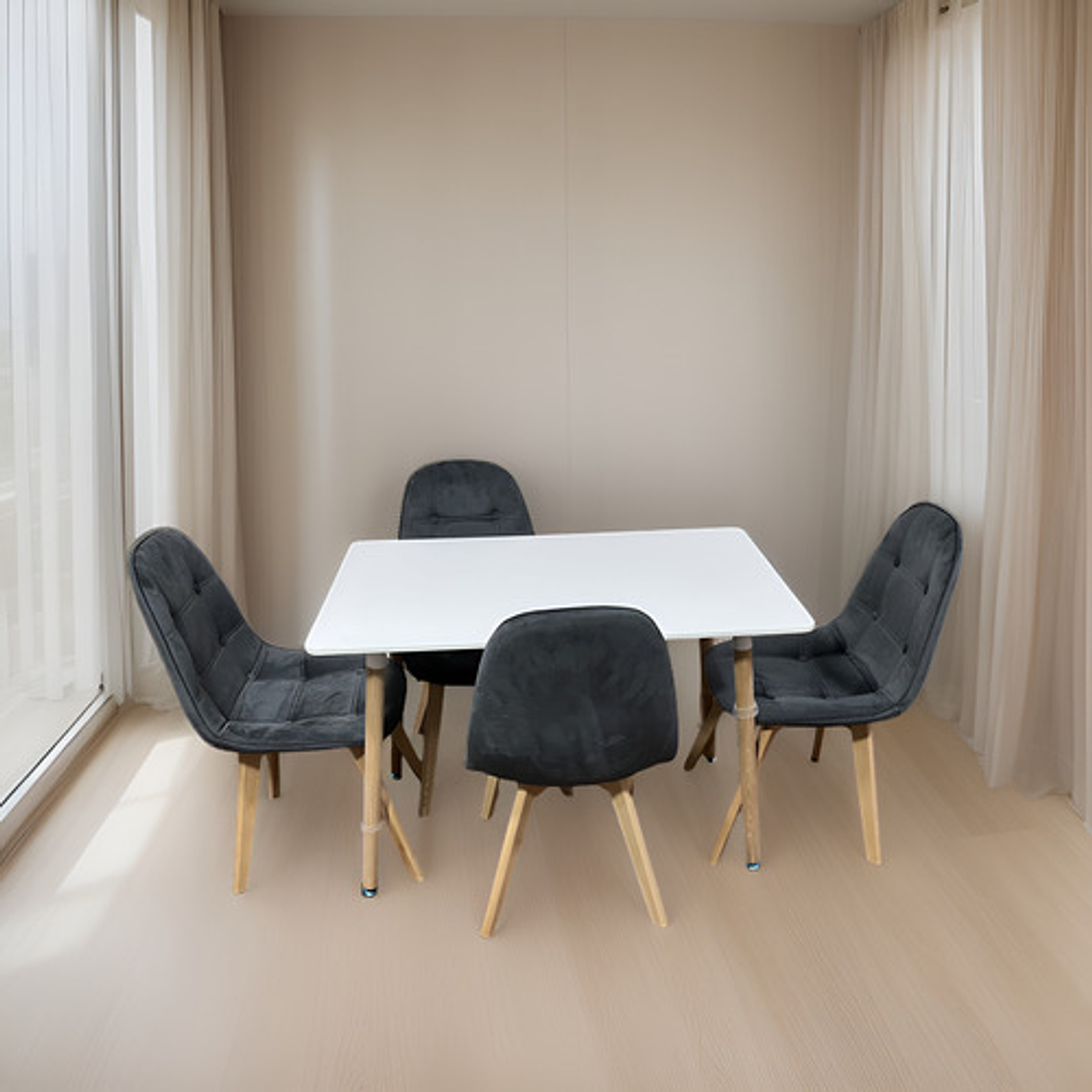 Comedor 4 Sillas Capitone Felpa Gris Mesa Nordic 100x60 Blan 2