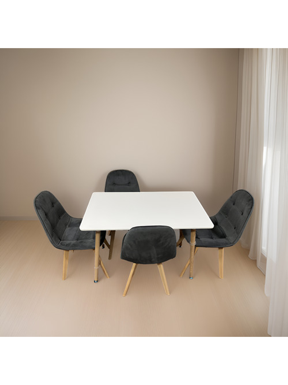 Comedor 4 Sillas Capitone Felpa Gris Mesa Nordic 100x60 Blan 3