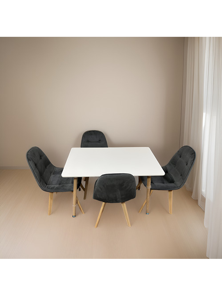 Comedor 4 Sillas Capitone Felpa Gris Mesa Nordic 100x60 Blan 3