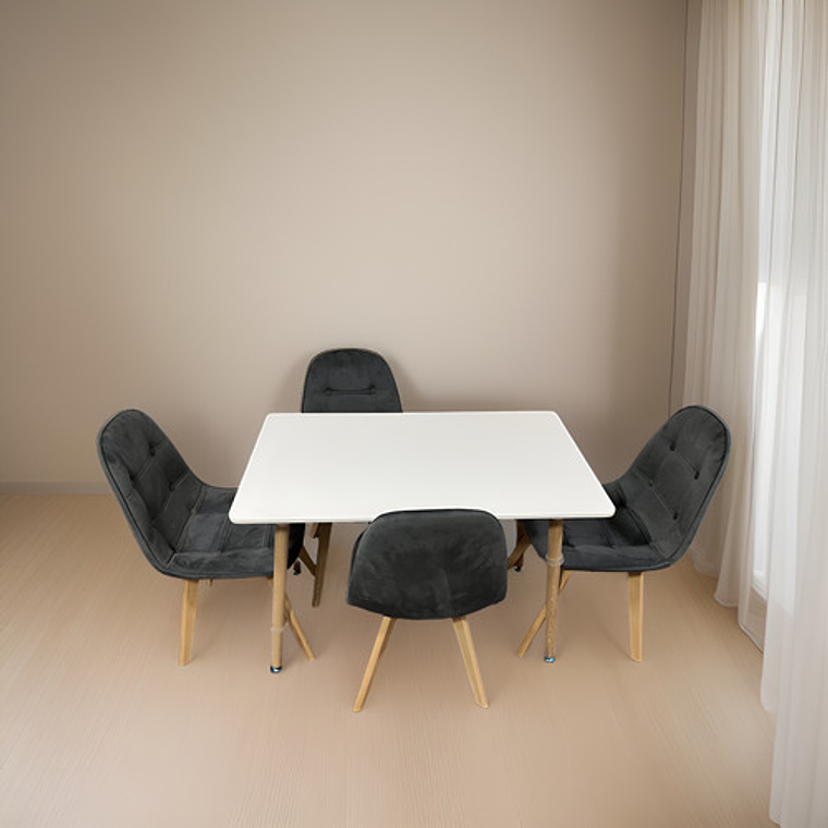 Comedor 4 Sillas Capitone Felpa Gris Mesa Nordic 100x60 Blan 3