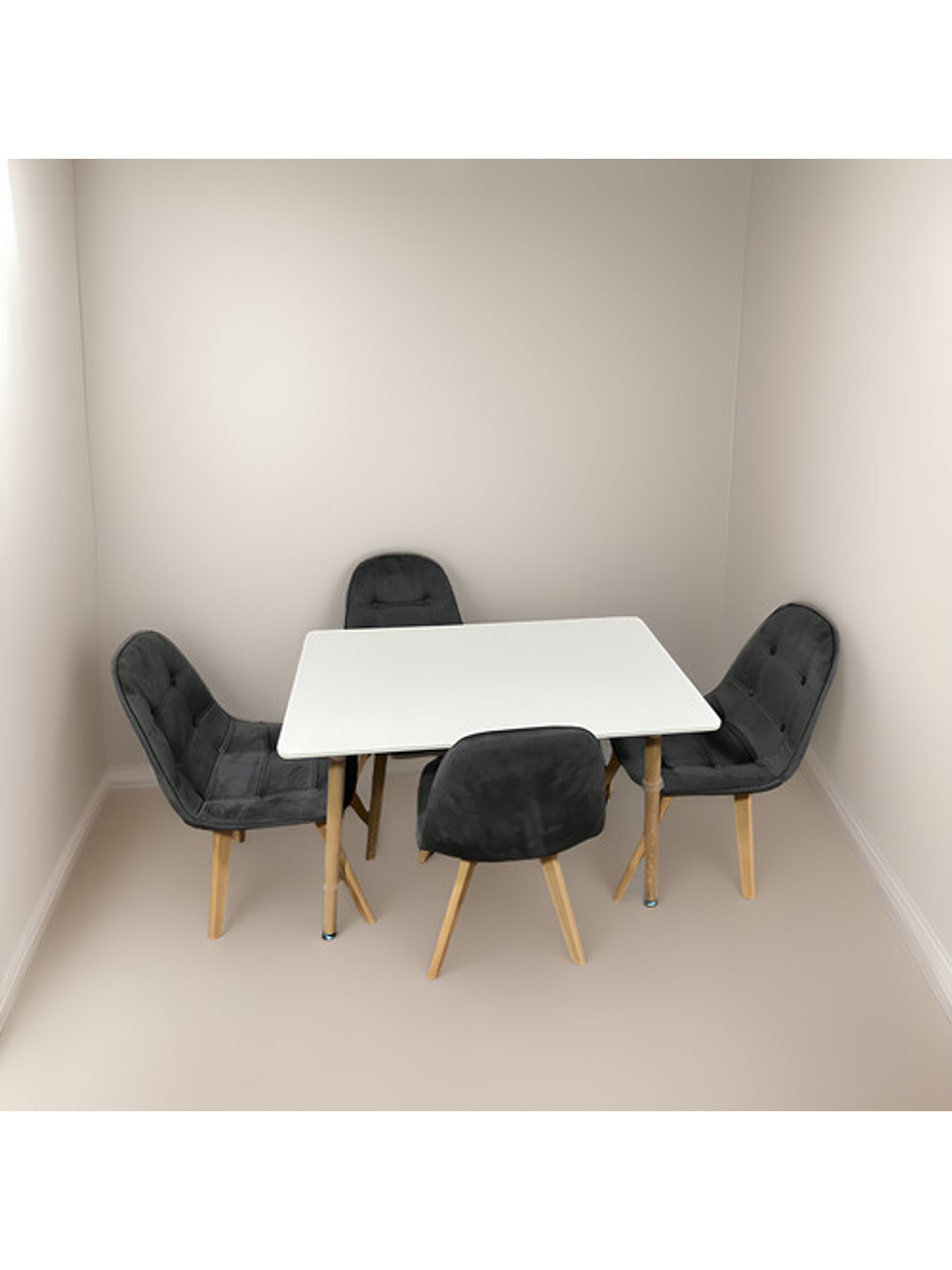 Comedor 4 Sillas Capitone Felpa Gris Mesa Nordic 100x60 Blan 4