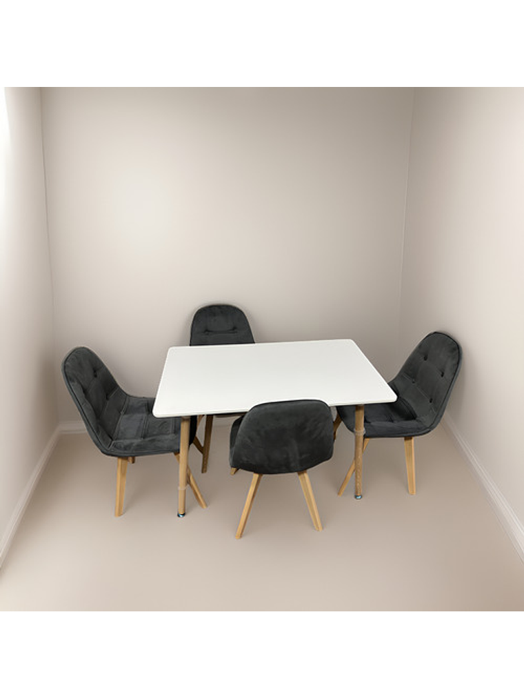 Comedor 4 Sillas Capitone Felpa Gris Mesa Nordic 100x60 Blan 4