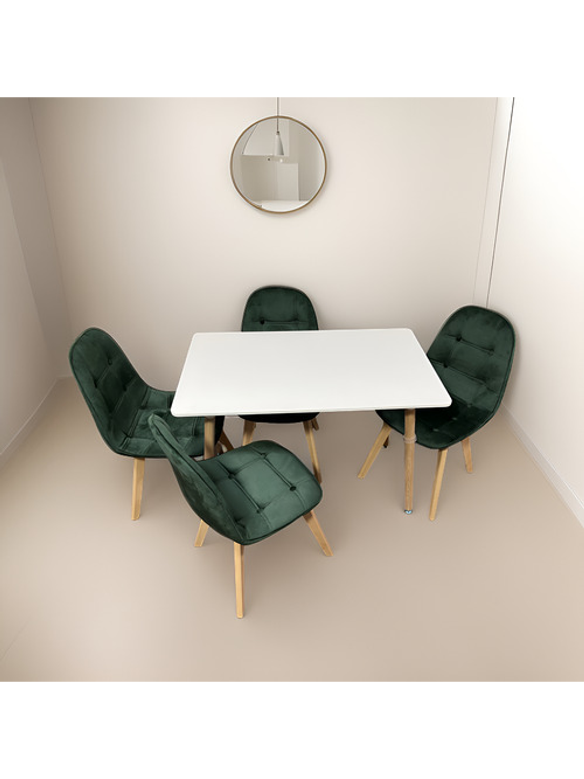 Comedor 4 Sillas Capitone Felpa Verde Mesa Nordic 100x60 Bla 1