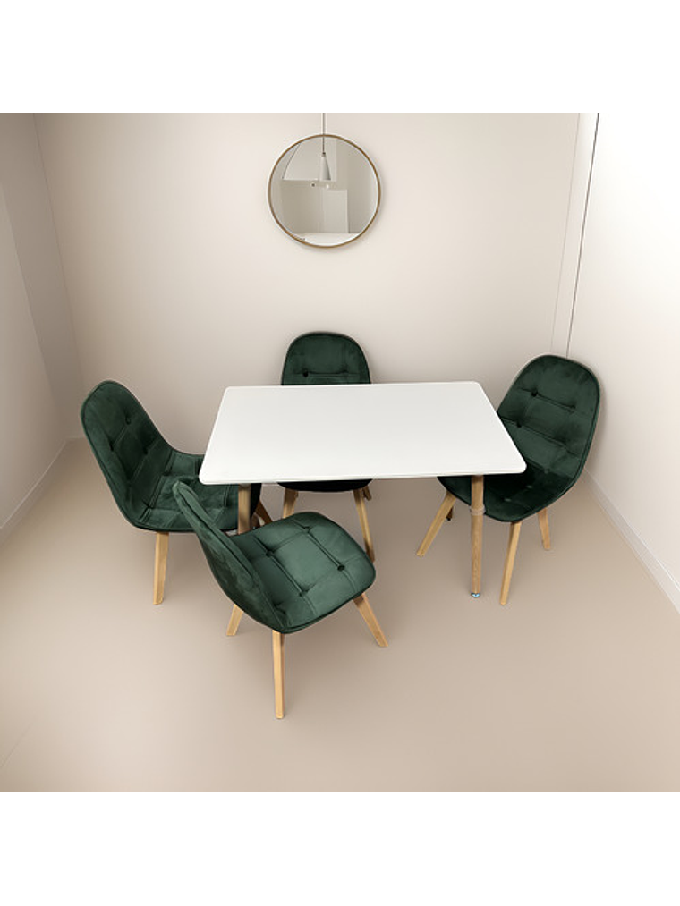 Comedor 4 Sillas Capitone Felpa Verde Mesa Nordic 100x60 Bla 1