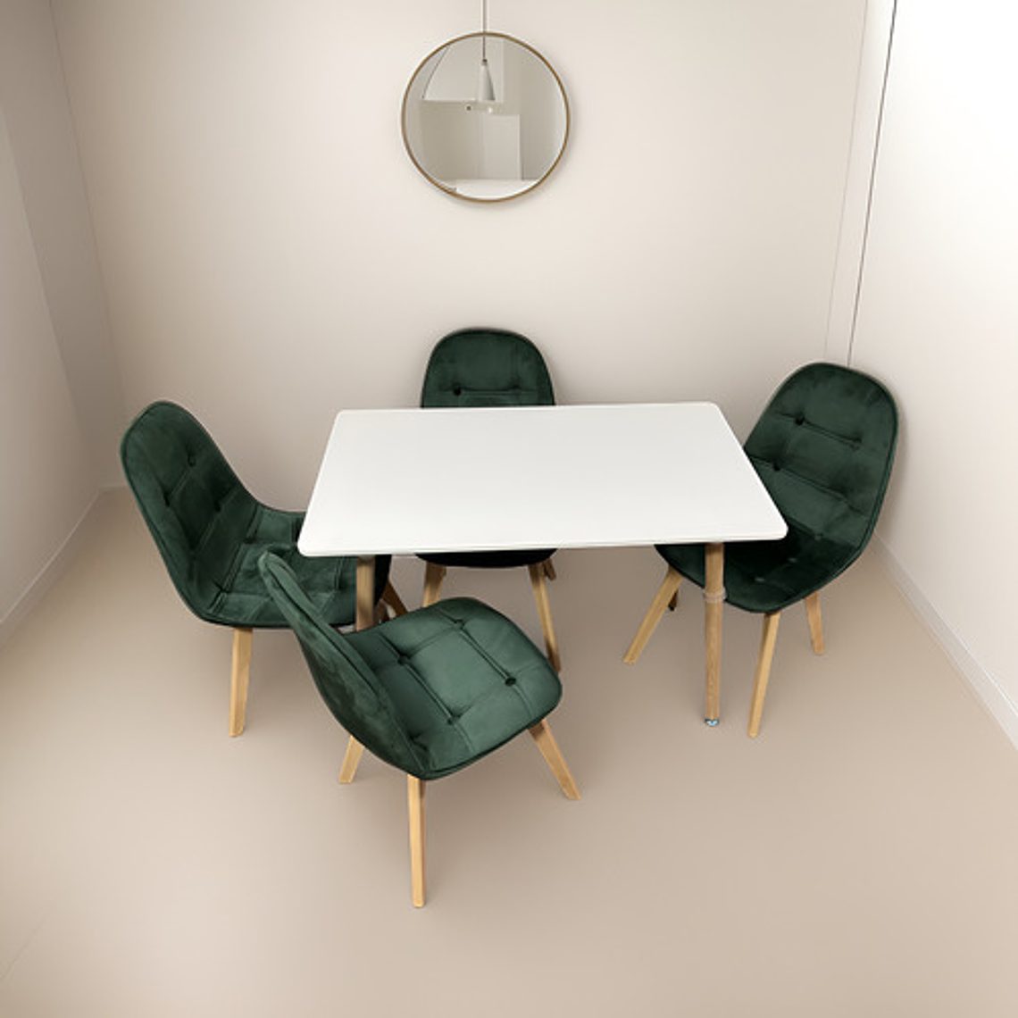 Comedor 4 Sillas Capitone Felpa Verde Mesa Nordic 100x60 Bla 1