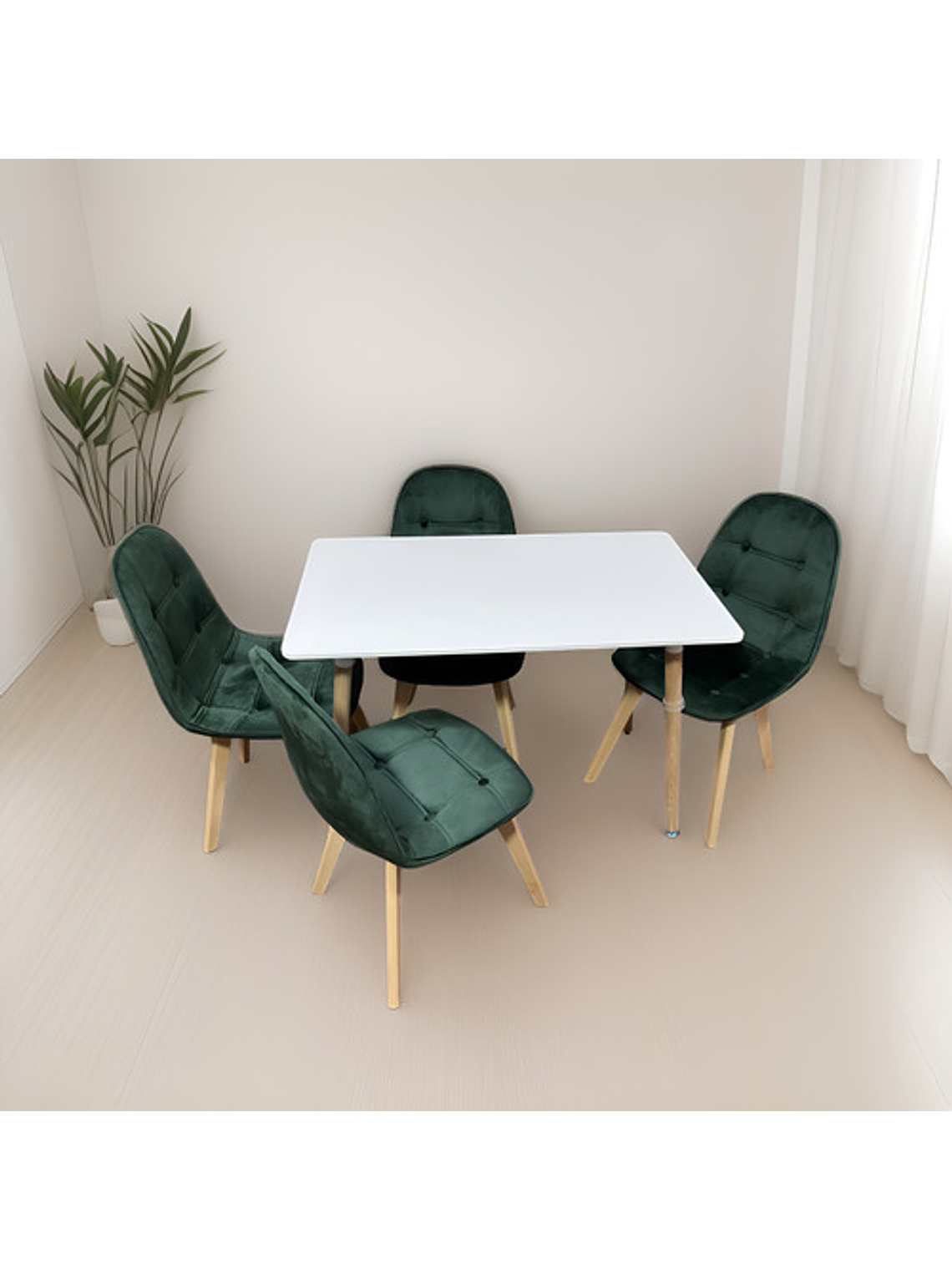 Comedor 4 Sillas Capitone Felpa Verde Mesa Nordic 100x60 Bla 2