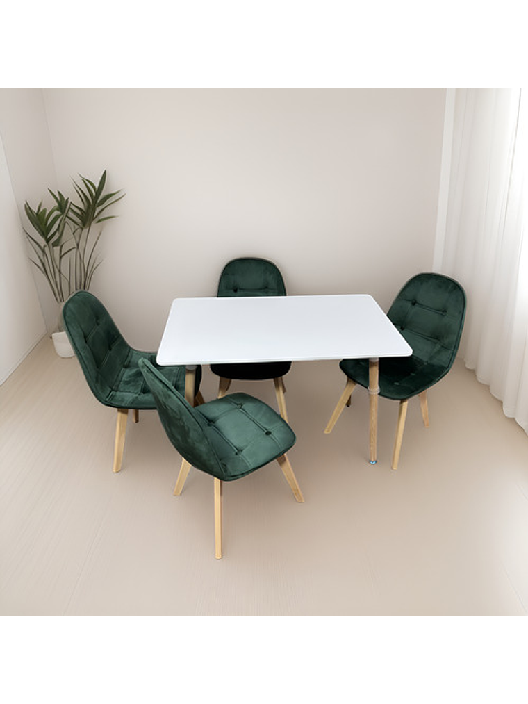 Comedor 4 Sillas Capitone Felpa Verde Mesa Nordic 100x60 Bla 2