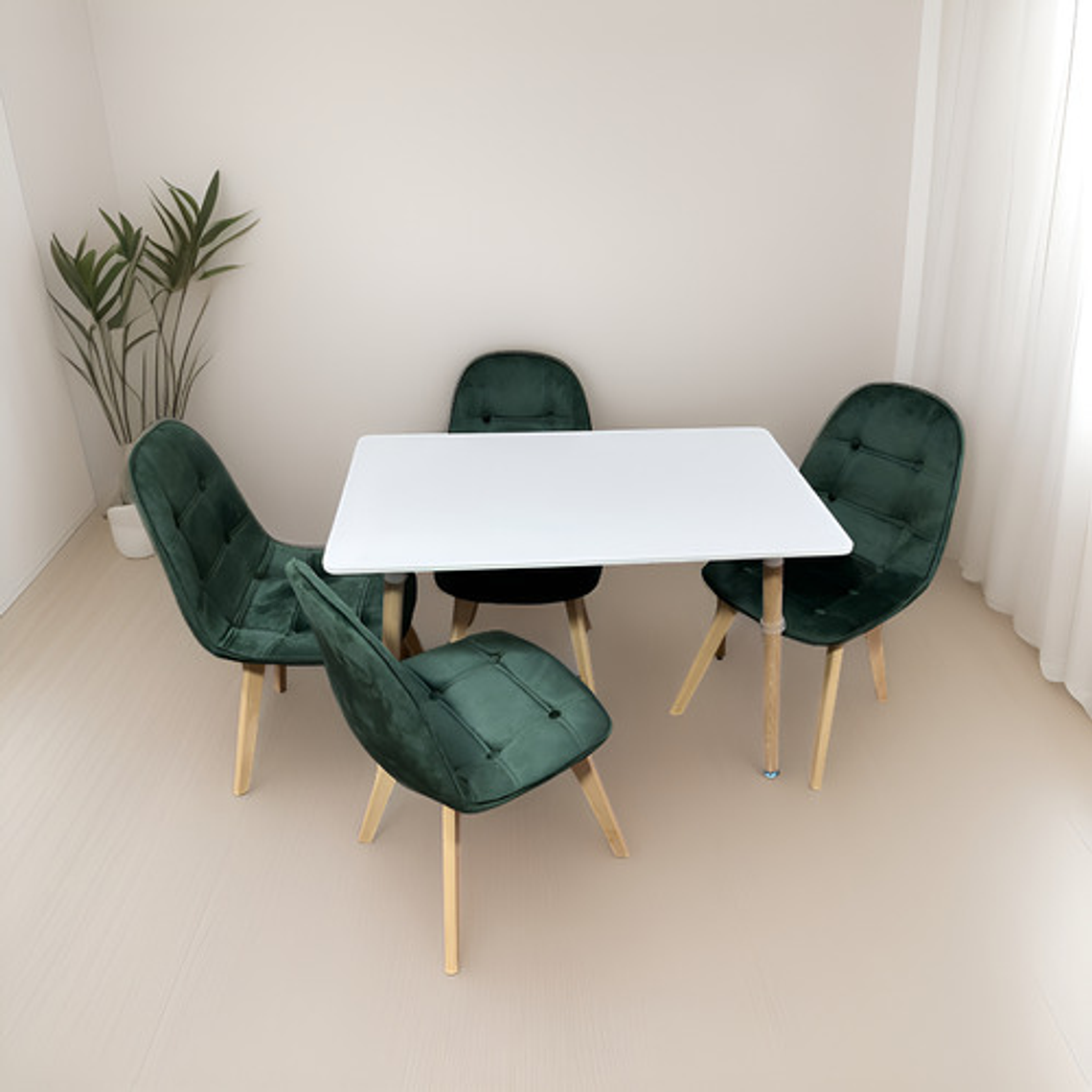 Comedor 4 Sillas Capitone Felpa Verde Mesa Nordic 100x60 Bla 2