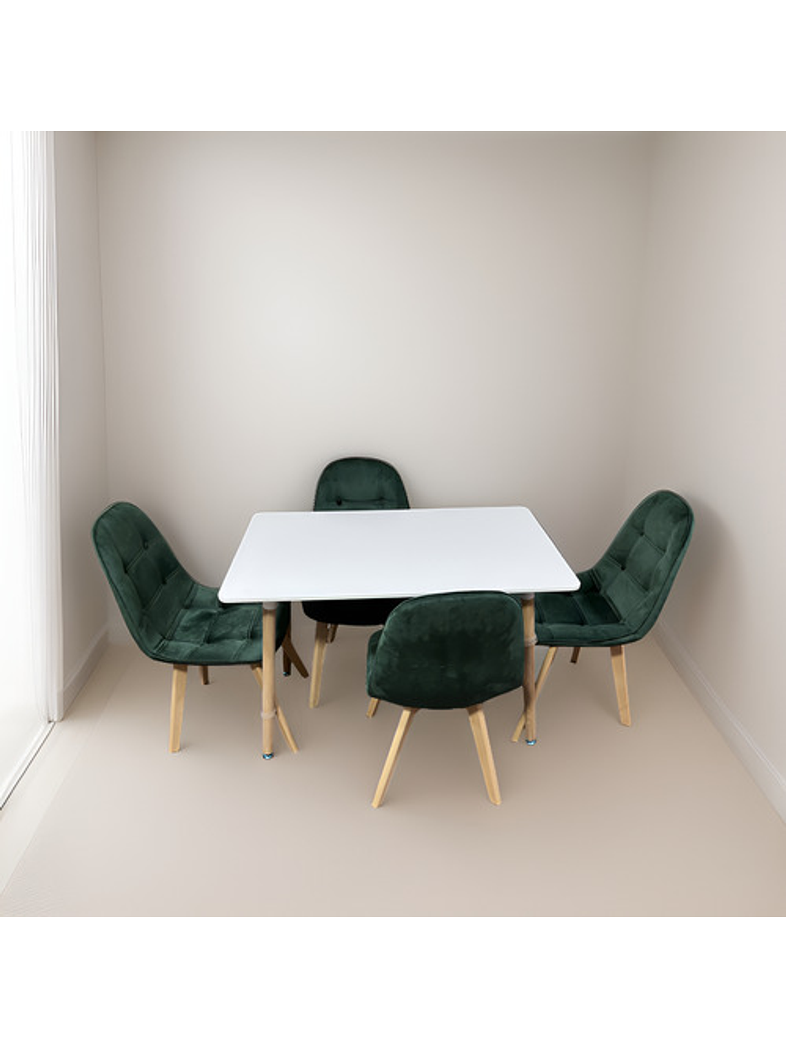 Comedor 4 Sillas Capitone Felpa Verde Mesa Nordic 100x60 Bla 3