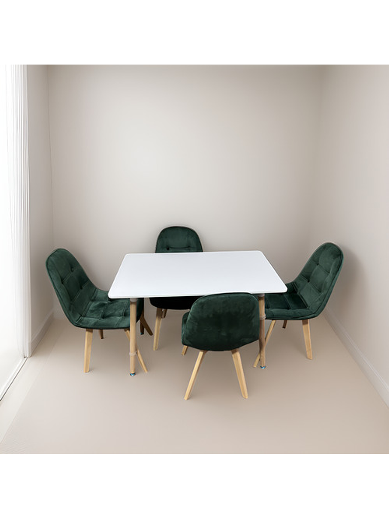Comedor 4 Sillas Capitone Felpa Verde Mesa Nordic 100x60 Bla 3