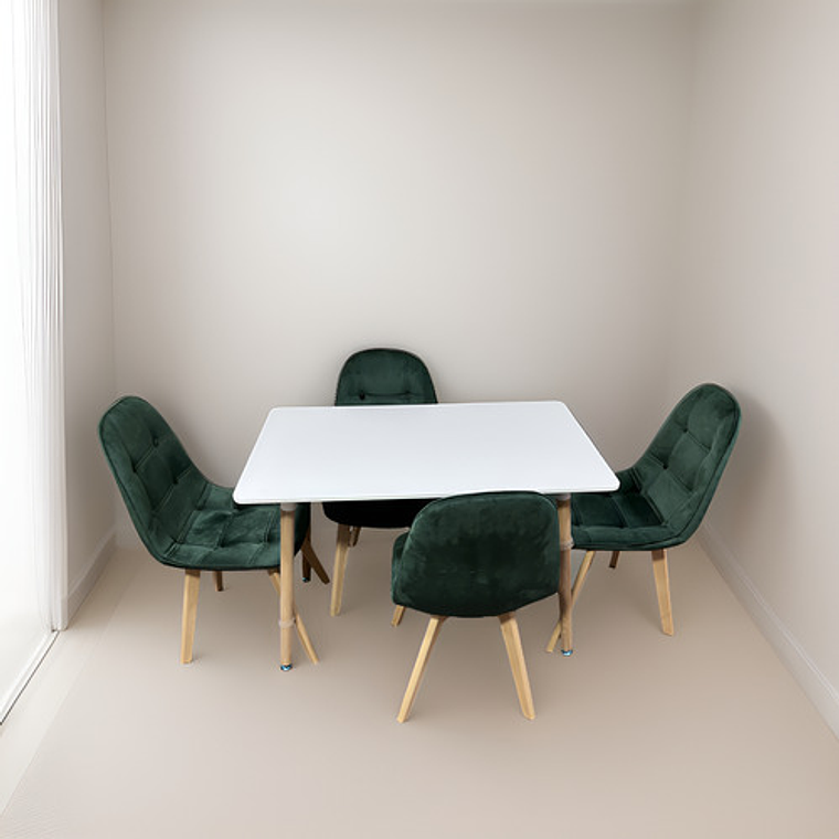 Comedor 4 Sillas Capitone Felpa Verde Mesa Nordic 100x60 Bla 3