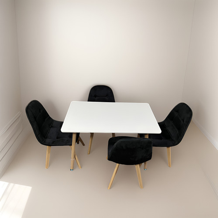 Comedor 4 Sillas Capitone Felpa Negra Mesa Nordic 100x60 Bla 2