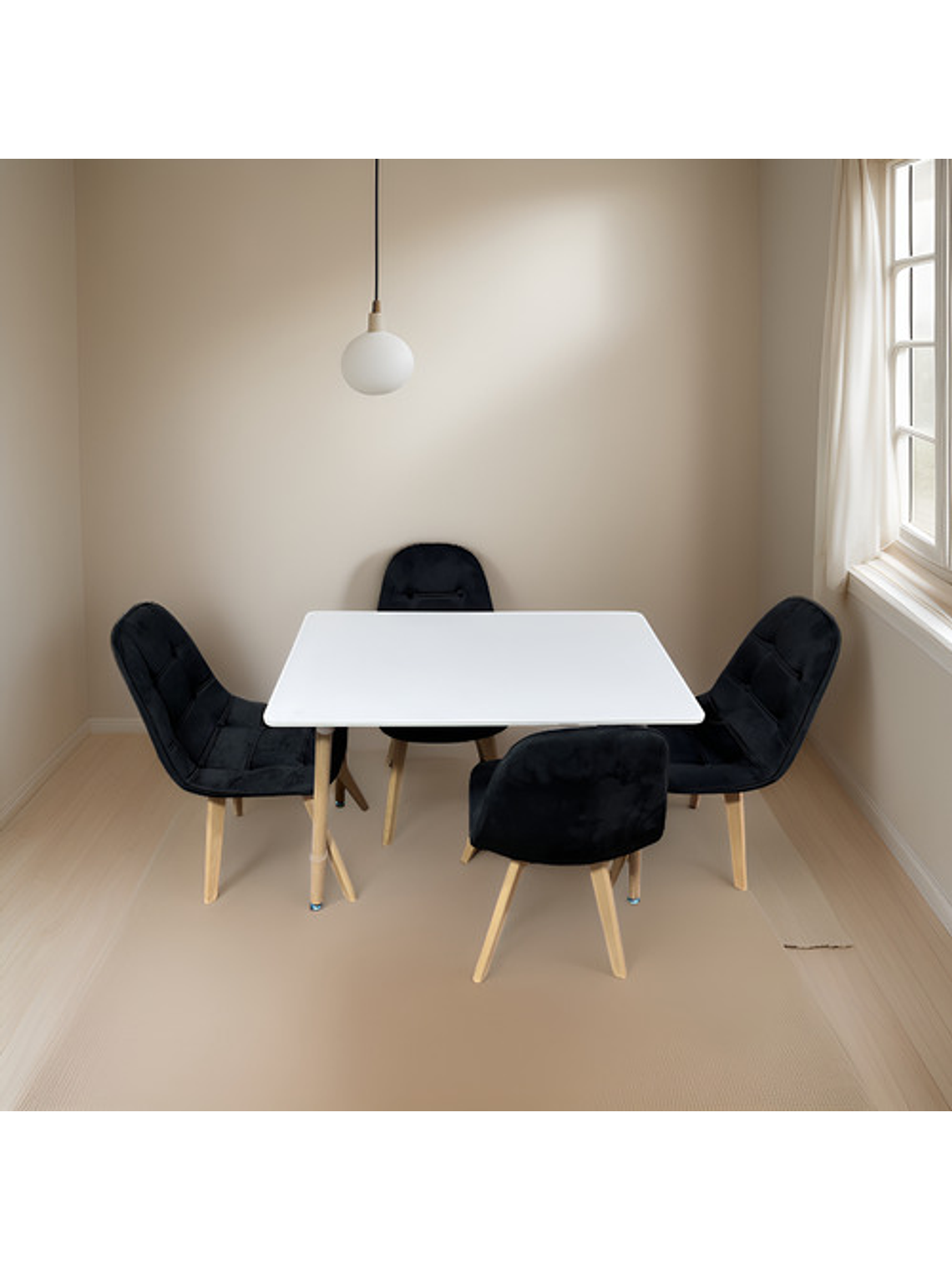 Comedor 4 Sillas Capitone Felpa Negra Mesa Nordic 100x60 Bla 3