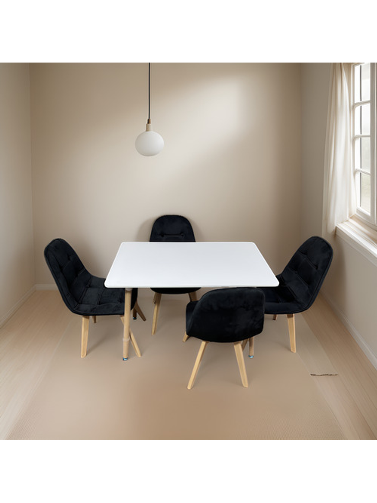 Comedor 4 Sillas Capitone Felpa Negra Mesa Nordic 100x60 Bla 3
