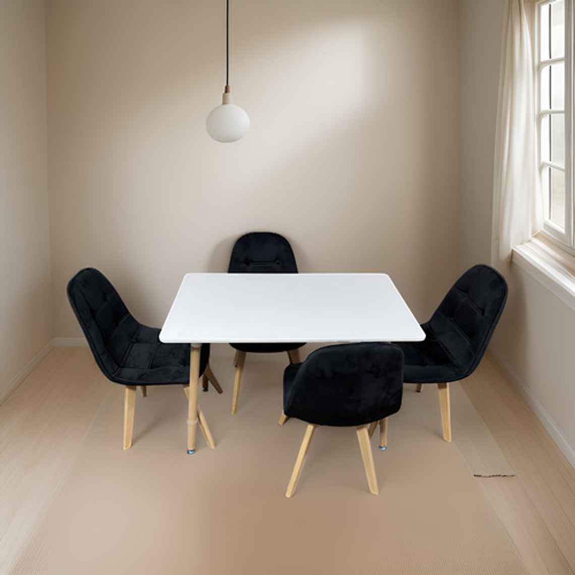 Comedor 4 Sillas Capitone Felpa Negra Mesa Nordic 100x60 Bla 3