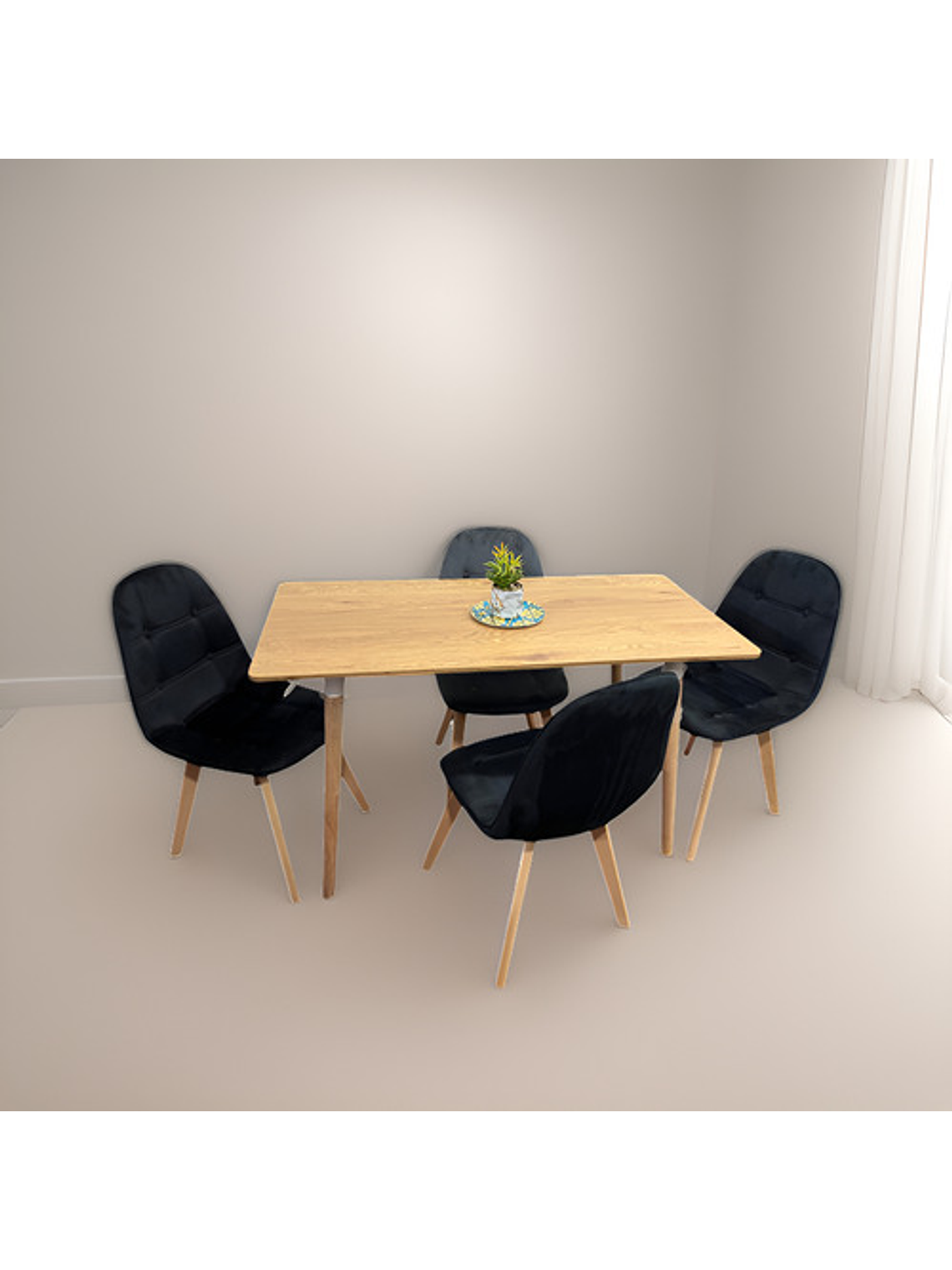 Comedor Con 4 Sillas Capitone Negras + Mesa Nordic Madera  120x70 2