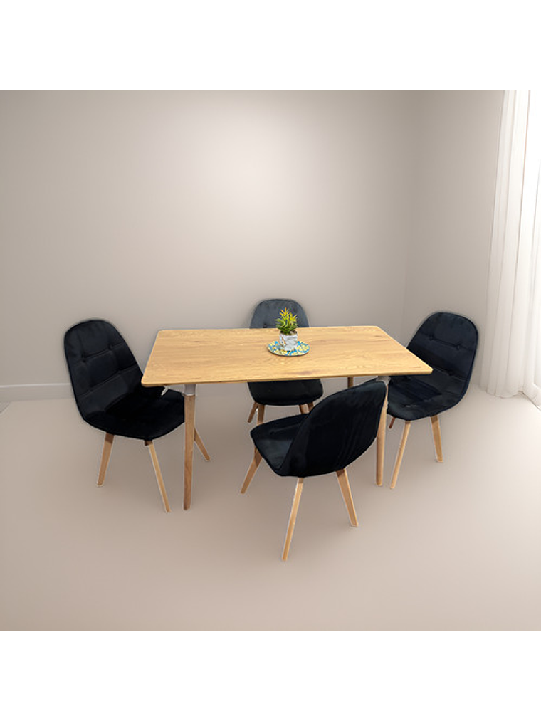 Comedor Con 4 Sillas Capitone Negras + Mesa Nordic Madera  120x70 2