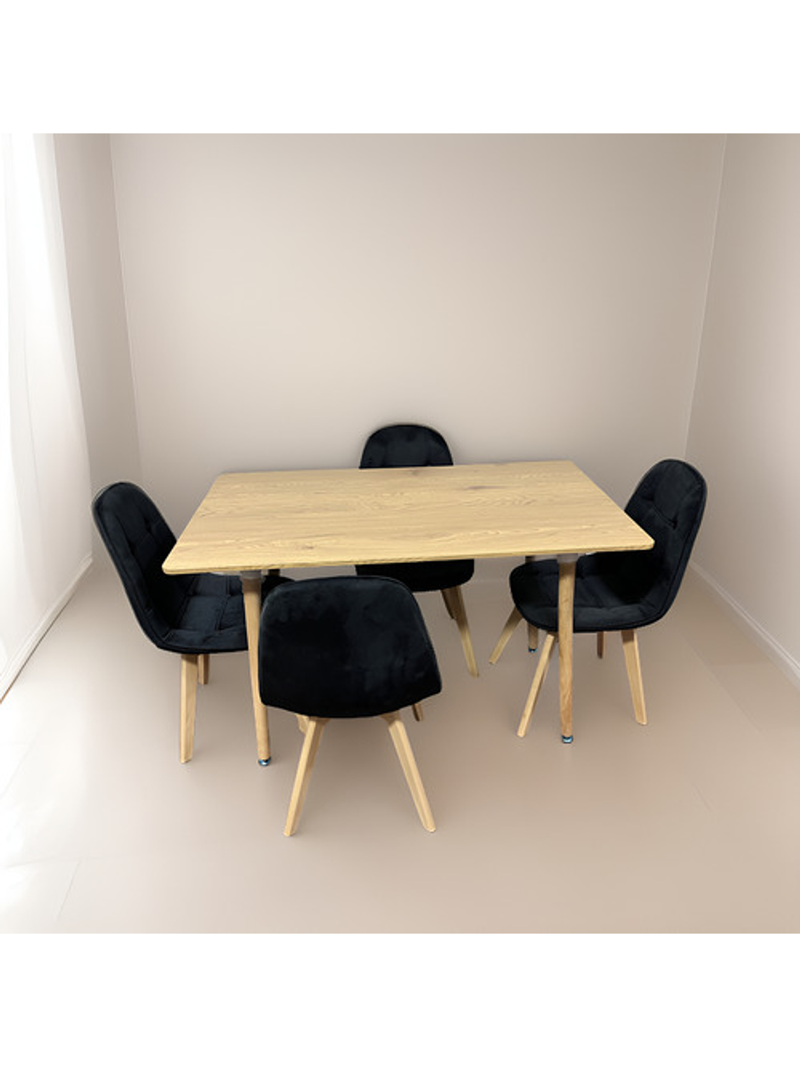 Comedor Con 4 Sillas Capitone Negras + Mesa Nordic Madera  120x70 3